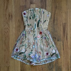 Floral embroidered strapless romper - boned bodice